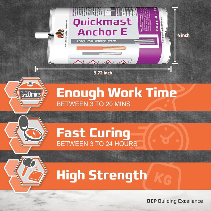DCP Quickmast Anchor E Concrete Anchoring Epoxy - Two-Part, Dual Cartridge, Fast-Setting Epoxy System for Rebar, Threaded Rods, Crack Repair - Strong Bonding, Durable - 20.2 fl oz. - Image 3